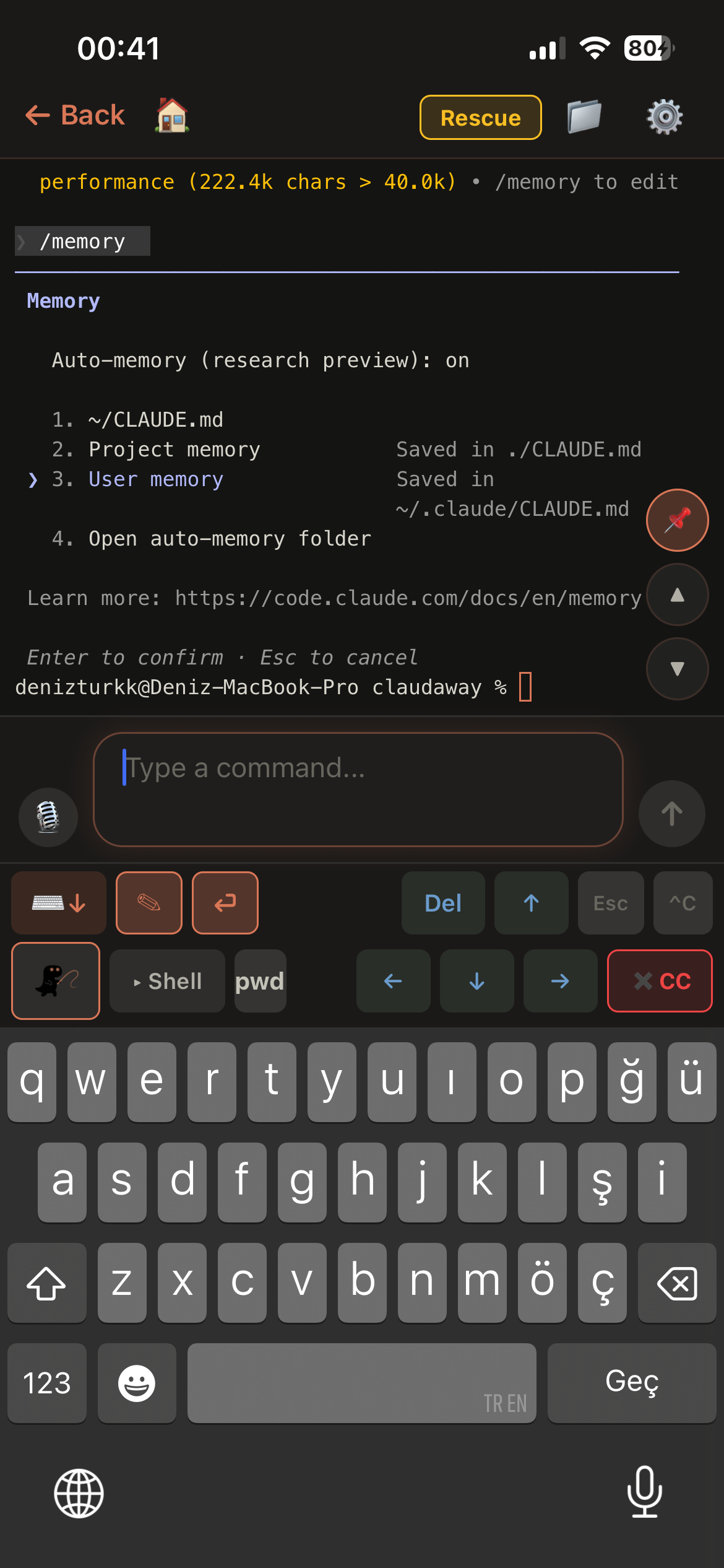 Claudaway terminal with memory command